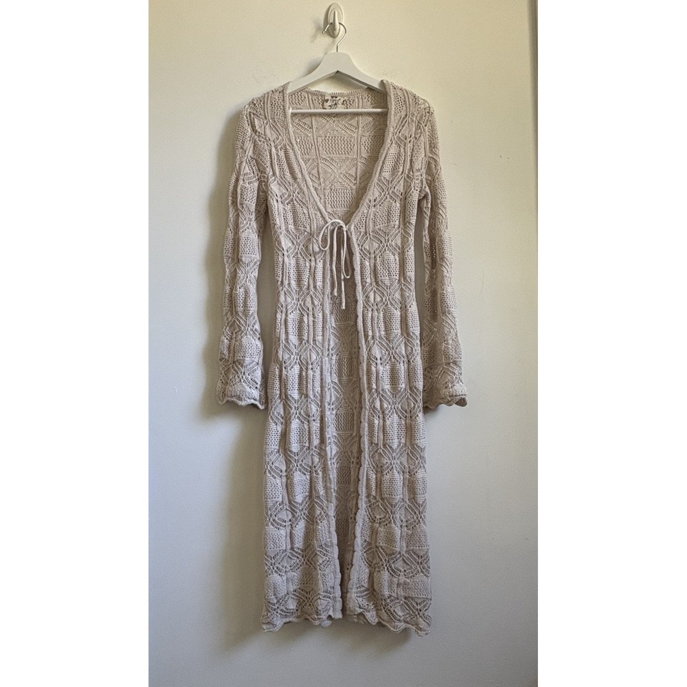Hippie Rose Cream Beige Open Knit Tie Front Cardigan Sz S Boho Peasant Cottageco